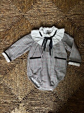 La Coqueta 12M Plaid Long-Sleeve Baby One-Piece with Ruffle Collar